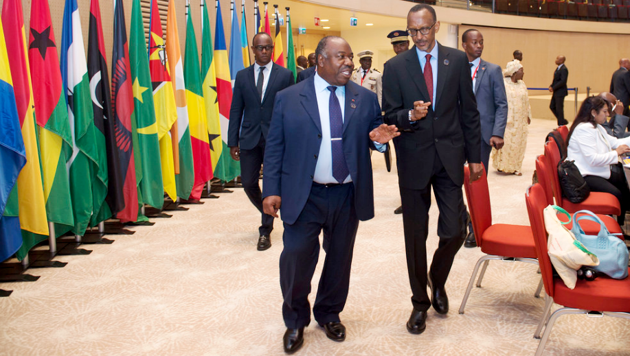 President Kagame and President Bongo chat at the 27th AU-Summit in Kigali