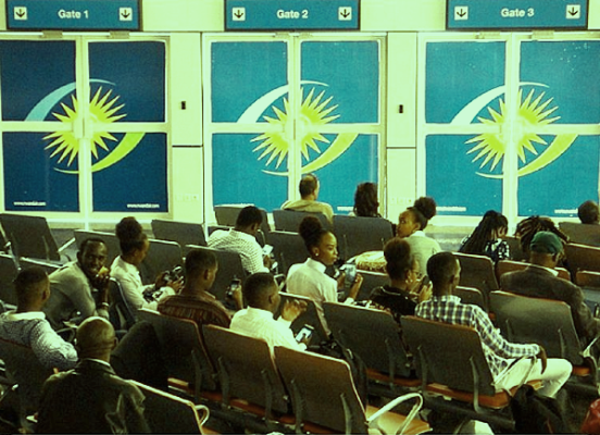 Passengers waiting for connecting flights at Kigali International airport 